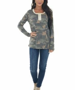 Vanilla Bay Faded Sage Camo Long Sleeve Henley Knit Top Tops