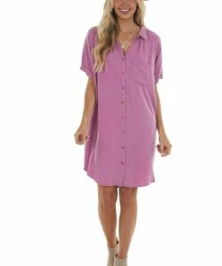 Eesome Dresses Fuchsia Mineral Wash Button Front Shirt Dress