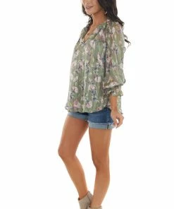 Lush Clothing Sage Floral Print Long Bubble Sleeve Blouse Tops