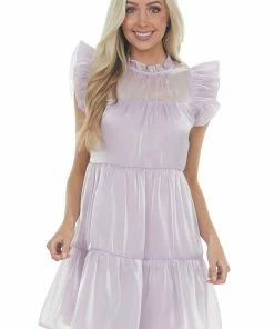 Entro Lilac Glossy Short Dress With Flutter Sleeves 24 Entro Lilac Glossy Short Dress With Flutter Sleeves