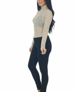 LE LIS Taupe Long Sleeve Ruched Bodycon Bodysuit 30 LE LIS Taupe Long Sleeve Ruched Bodycon Bodysuit