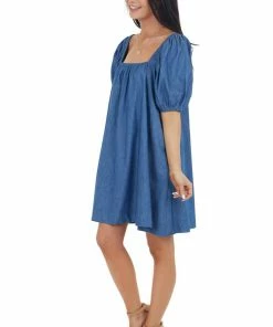 Flying Monkey Medium Wash Short Bubble Sleeve Dress With Square Neckline