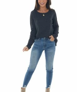 BiBi Tops Melange Black Long Sleeve Thumb Hole Knit Top
