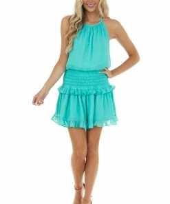 Do + Be Dresses Aquamarine Halter Mini Dress With Smocked Ruffle Detail