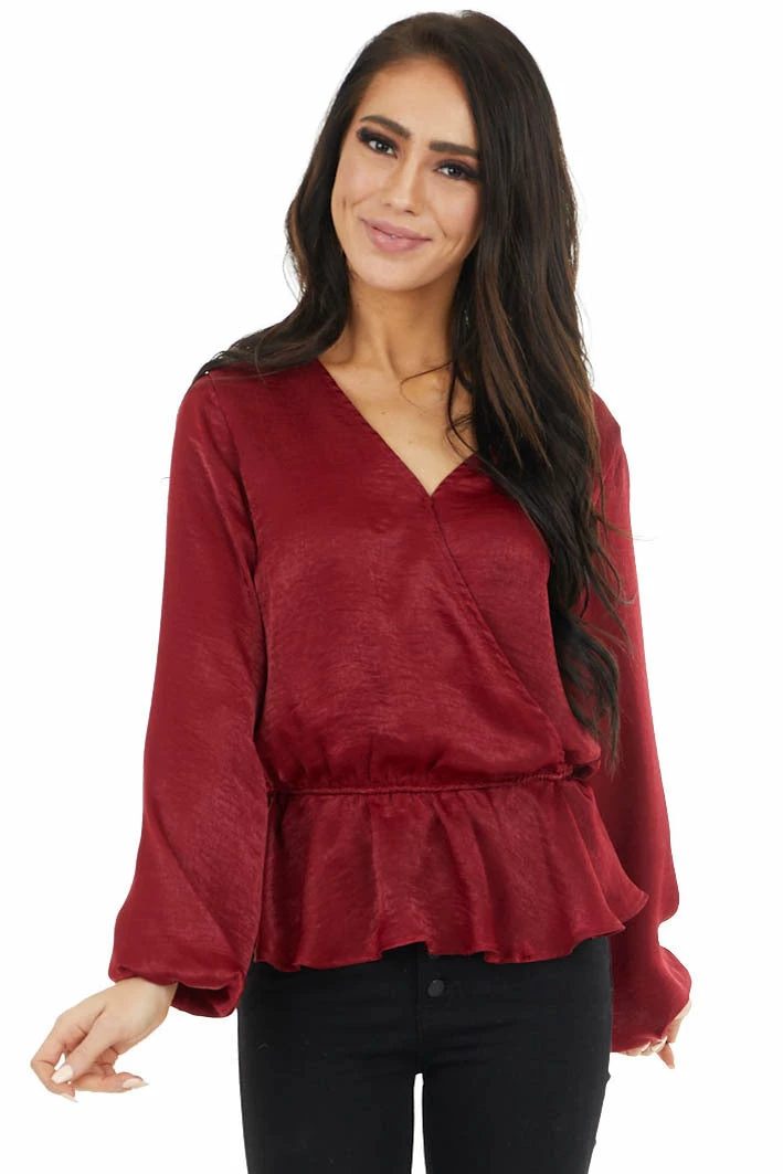 Caramela Burgundy Satin Surplice Blouse With Elastic Ruffle Hemline 10 Caramela Burgundy Satin Surplice Blouse With Elastic Ruffle Hemline