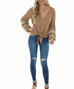 BiBi Peanut Printed Sleeve Top With Front Tie