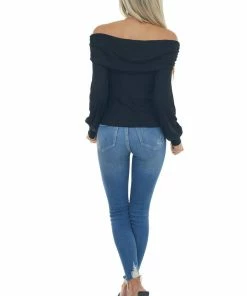 Peach Love Black Folded Off The Shoulder Puff Sleeve Ribbed Knit Top