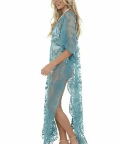 143 Story Sea Blue Crochet Detail Side Slit Mesh Cover Up Accessories