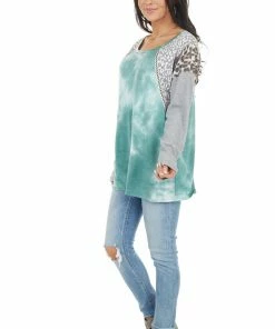 BiBi Tops Teal Tie Dye Top With Leopard And Cheetah Print Contrast
