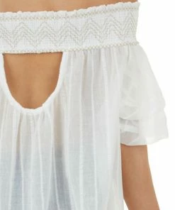 HYFVE Pearl And Beige Smocked Neckline Off The Shoulder Blouse