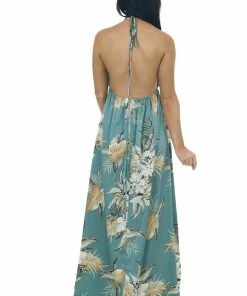 Sweet Lemon Juniper Floral Open Back Plunging V Neck Dress
