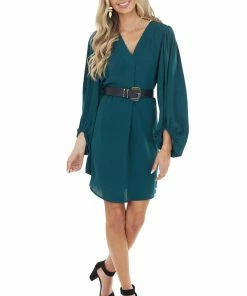 Jodifl Dark Pine Long Bubble Sleeve V Neck Soft Woven Short Dress Dresses