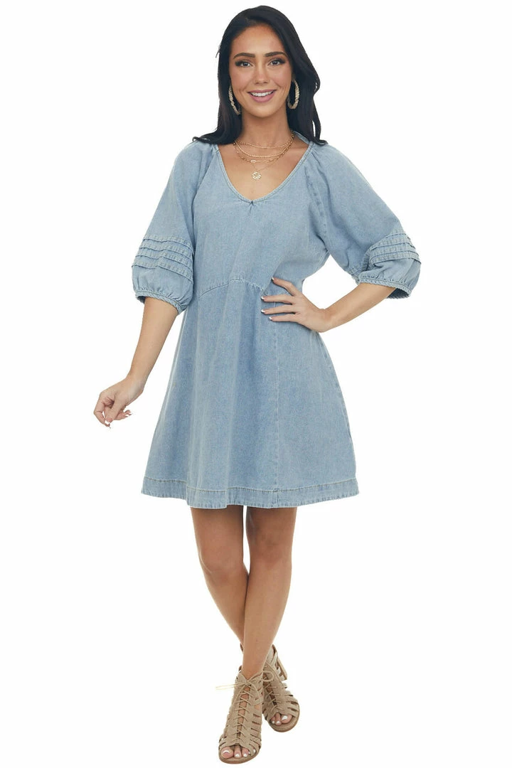 Umgee Medium Wash Pleated Puff Sleeve Denim Dress Dresses 18 Umgee Medium Wash Pleated Puff Sleeve Denim Dress Dresses