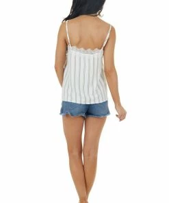 J.NNA Ivory Striped Woven Camisole With Lace Trimmed V Neckline Tops 32 J.NNA Ivory Striped Woven Camisole With Lace Trimmed V Neckline Tops