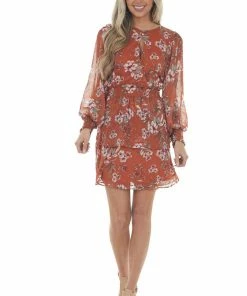 Peach Love Marmalade Floral Keyhole Front Smocked Dress Dresses