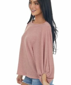 143 Story Tops Dusty Coral Boat Neck Bubble Sleeve Knit Top