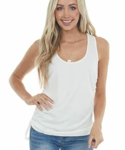 143 Story Ivory Ribbed Sleeveless Top With Ruched Side Detail