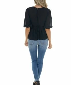 HYFVE Black Smocked Peplum Puff Sleeve Blouse