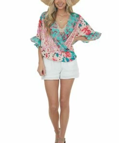 Umgee Dusty Kelly Green Multiprint Short Sleeve Surplice Top 28 Umgee Dusty Kelly Green Multiprint Short Sleeve Surplice Top