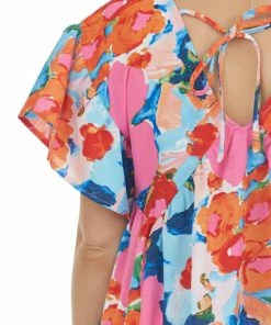 Entro Tops Watermelon Floral Babydoll Ruffle Sleeve Top
