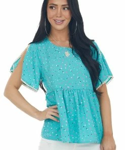 Andree Teal Multicolor Polka Dot Drop Waist Woven Top Tops