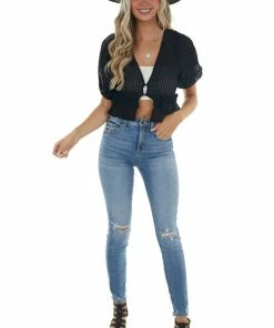 HYFVE Tops Black Plunging V Neck Short Sleeve Blouse