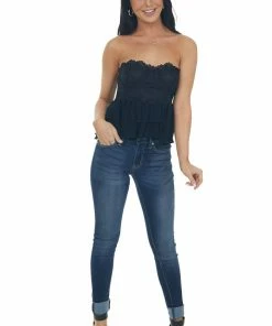 Entro Black Tiered Ruffle Strapless Lace Woven Top Tops