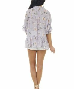 Umgee Lavender Floral Print Drop Waist Ruffle Blouse With Tassels