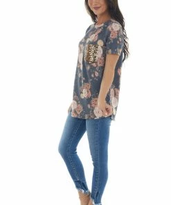 Lovely Melody Stormy Blue Floral Top With Gold Sequin Pocket