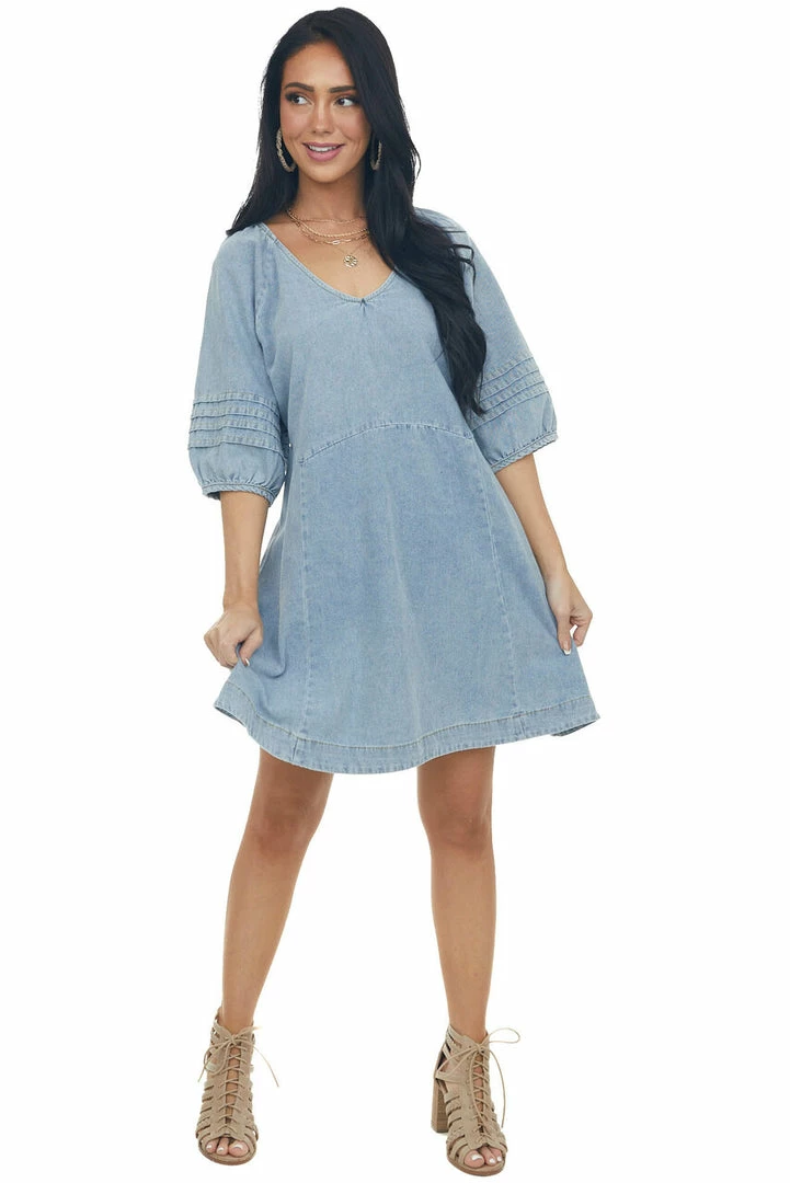 Umgee Medium Wash Pleated Puff Sleeve Denim Dress Dresses 15 Umgee Medium Wash Pleated Puff Sleeve Denim Dress Dresses