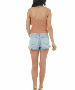 HYFVE Tops Salmon Sleeveless Knit Crop Top With Front Twist Detail