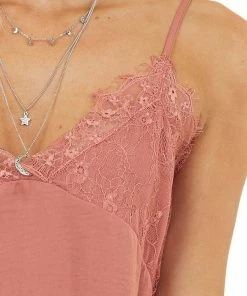 STYLE U Terracotta Tank Top With Lace Details And Adjustable Straps Tops