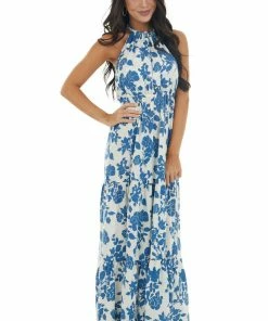 Dress Day Steel Blue And Ivory Floral Print Maxi Dress