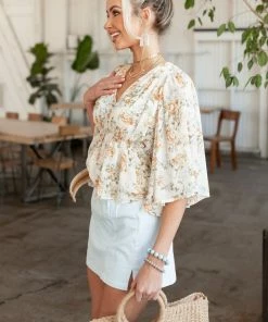 Entro Ivory Floral Flare Sleeve V Neck Babydoll Top