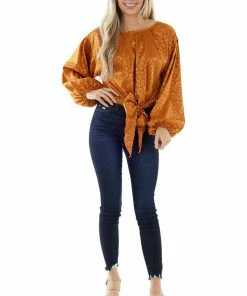 Flying Tomato Caramel Leopard Long Sleeve Top With Front Tie Tops