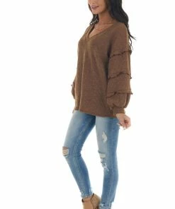 143 Story Tops Sepia Ribbed Knit Top With Ruffle Puff Sleeves