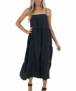 Entro Black Textured Tiered Tent Midi Woven Dress Dresses
