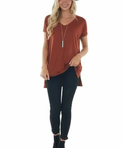 ANGIE Rust Oversized V Neck Short Sleeve Top