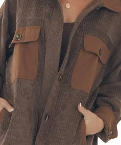 143 Story Coffee Contrast Oversized Corduroy Shacket Tops