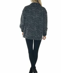 143 Story Steel Grey Leopard Print Fuzzy Shirt Jacket Tops
