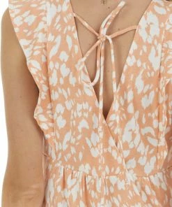 Ces Femme Salmon Printed Short Sleeve Jumpsuit With Front Ring Keyhole