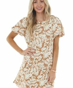 Ces Femme Light Sepia Leaf Print Woven Dress With Short Puff Sleeves Dresses 26 Ces Femme Light Sepia Leaf Print Woven Dress With Short Puff Sleeves Dresses