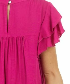 Jodifl Fuchsia High Neck Top With Double Ruffled Short Sleeves Tops