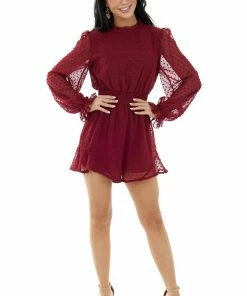 She + Sky Burgundy Swiss Dot Long Puff Sleeve Romper