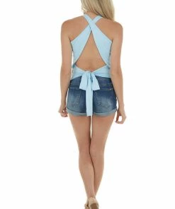 Peach Love Sky Blue Halter Neck Wrap Crop Top