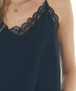 VISION Black V Neck Lace Trim Racerback Camisole Tops