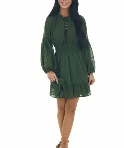 Peach Love Dresses Deep Olive Swiss Dot Smocked Waist Mini Dress