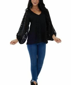 Vine & Love Tops Black Floral Lace Long Bubble Sleeve Blouse
