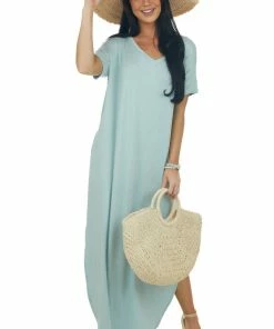 ZENANA Mint Short Sleeve Maxi Dress With Side Slits