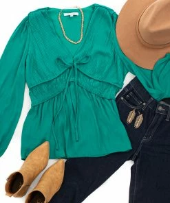 NAKED ZEBRA Emerald Cinch Waist Top With Front Tie And Ruffle Details